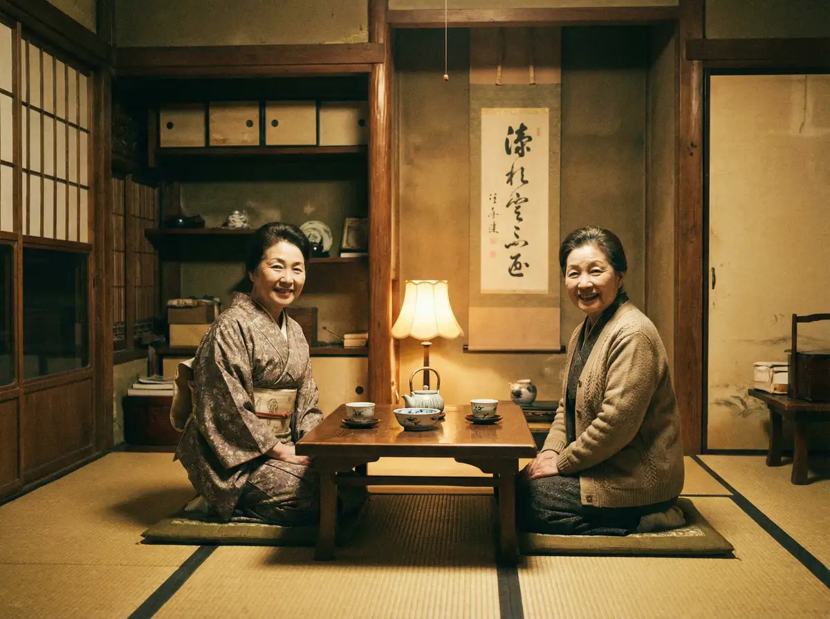 两位优雅的 草榴 在日式茶室中品茶交谈